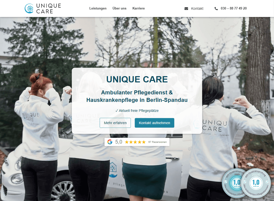 Webdesign Pflege Unique Care neue Version