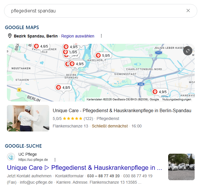 Unique Care auf Platz 1 in Google Maps und in der Google-Suche für „Pflegedienst Spandau“